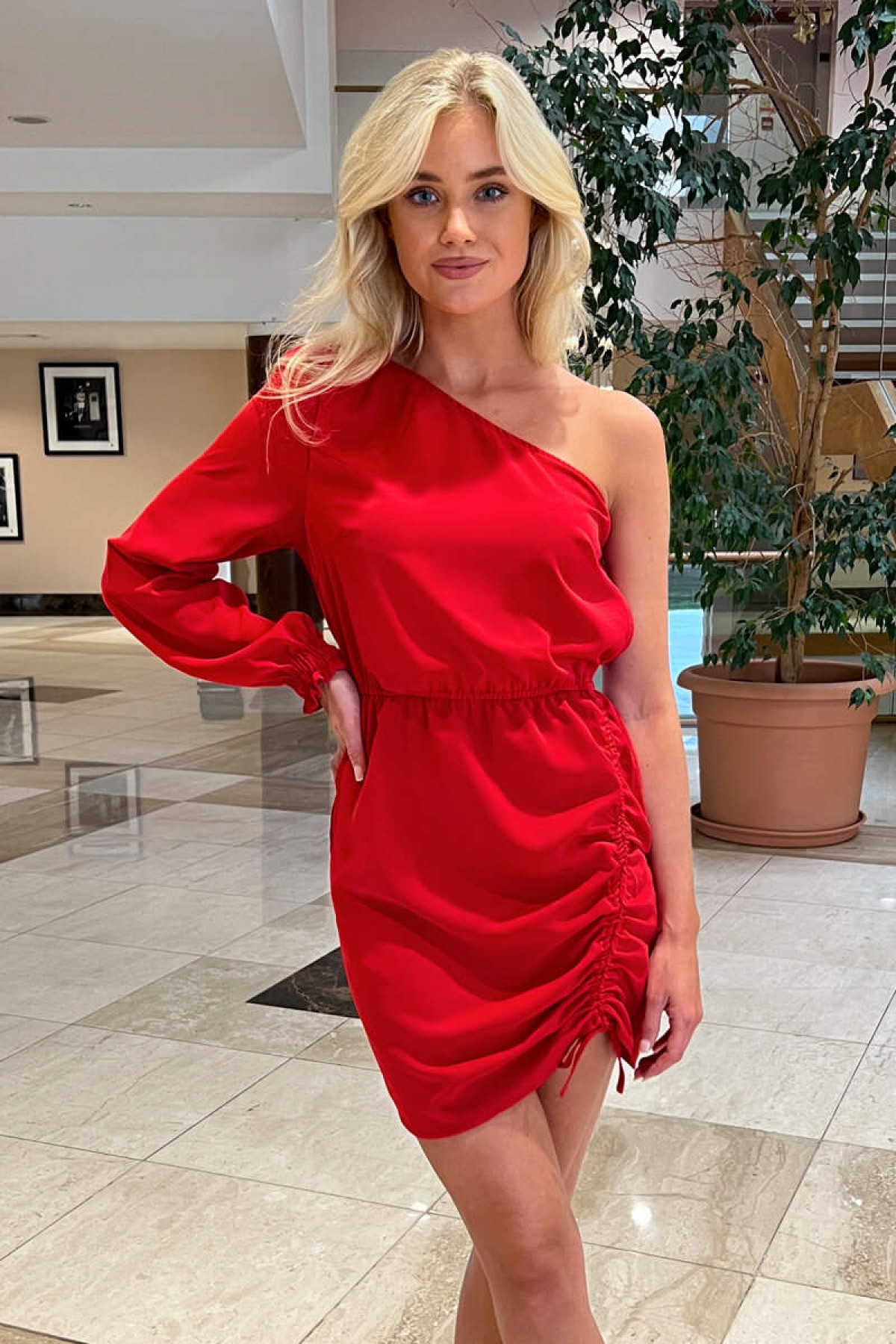 Red One Sleeve Ruched Side Mini Dress