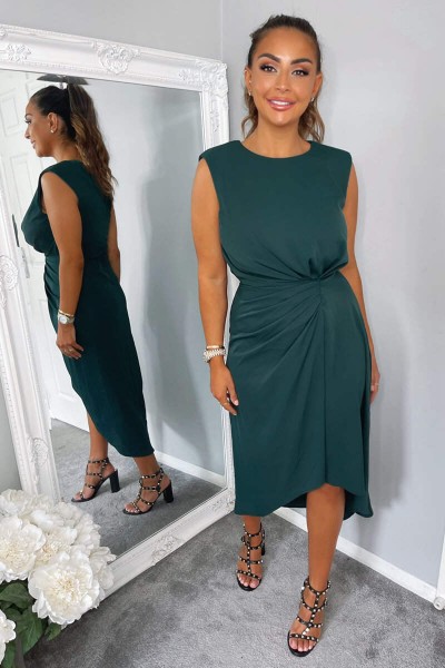 Teal Gathered Midi Dress With Padded Shoulders
