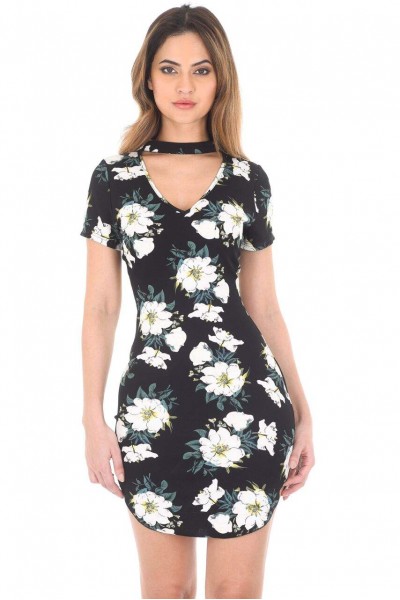 Black Floral Choker Mini Bodycon Dress