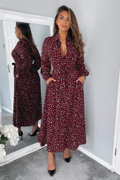 Plum Animal Print Button Up Midi Dress