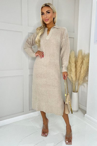 Oatmeal Knit Long Sleeve Collared Midi Dress