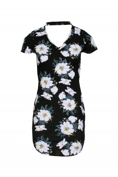 Black Floral Choker Mini Bodycon Dress