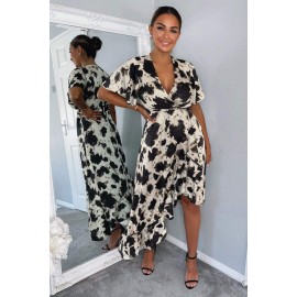Black And Stone Abstract Print Wrap Midi Dress