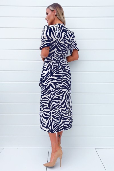 Navy and Cream Zebra Printed Wrap Skirt Midi Dress